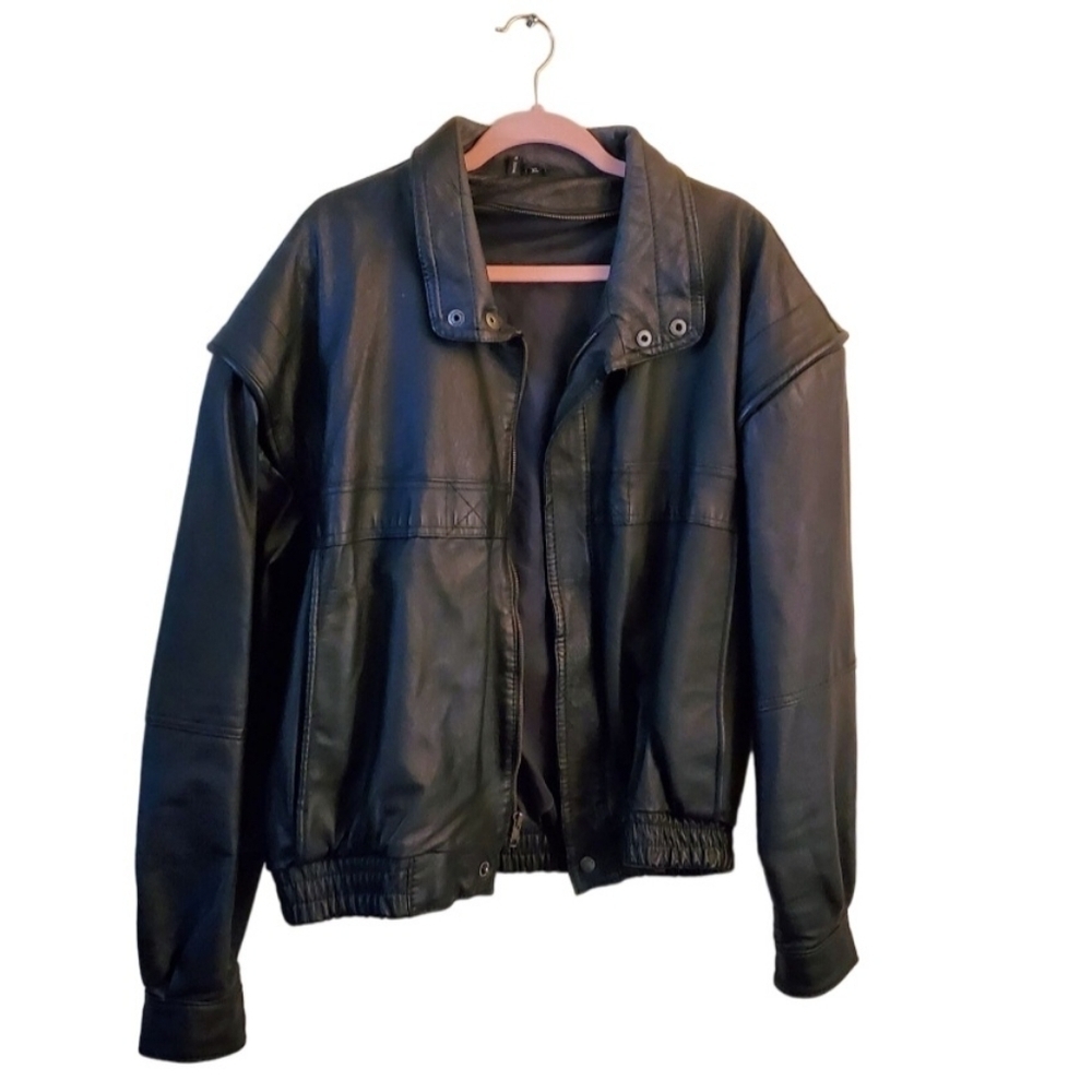 Vintage Black Leather Bomber Jacket Size XL